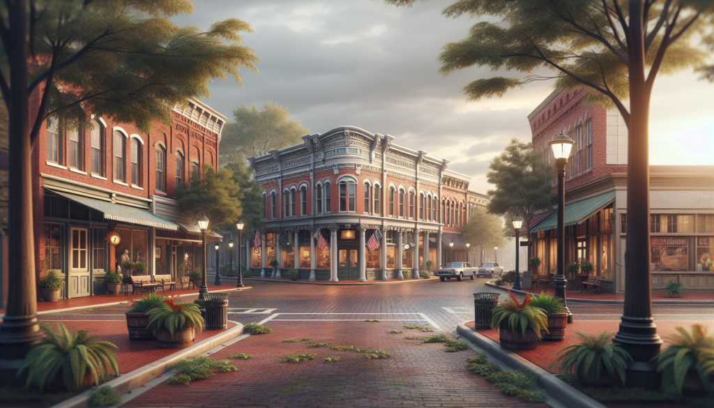 Historic brick buildings line a quiet street, with lampposts, planters, and a clock. A car is parked nearby.