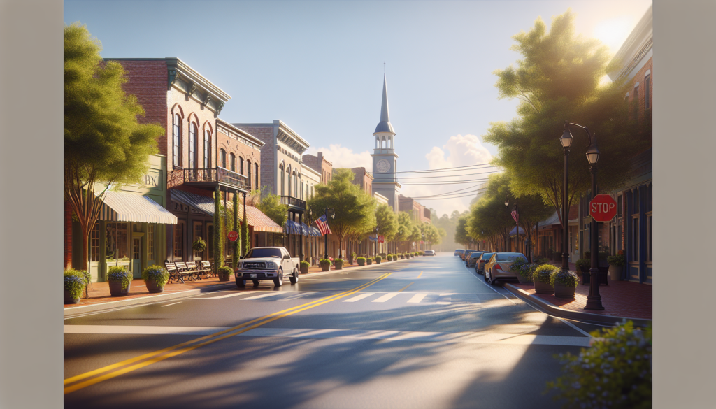 Sunny street in Summerville, SC, lined with shops, trees, and parked cars. A clock tower stands in the background.