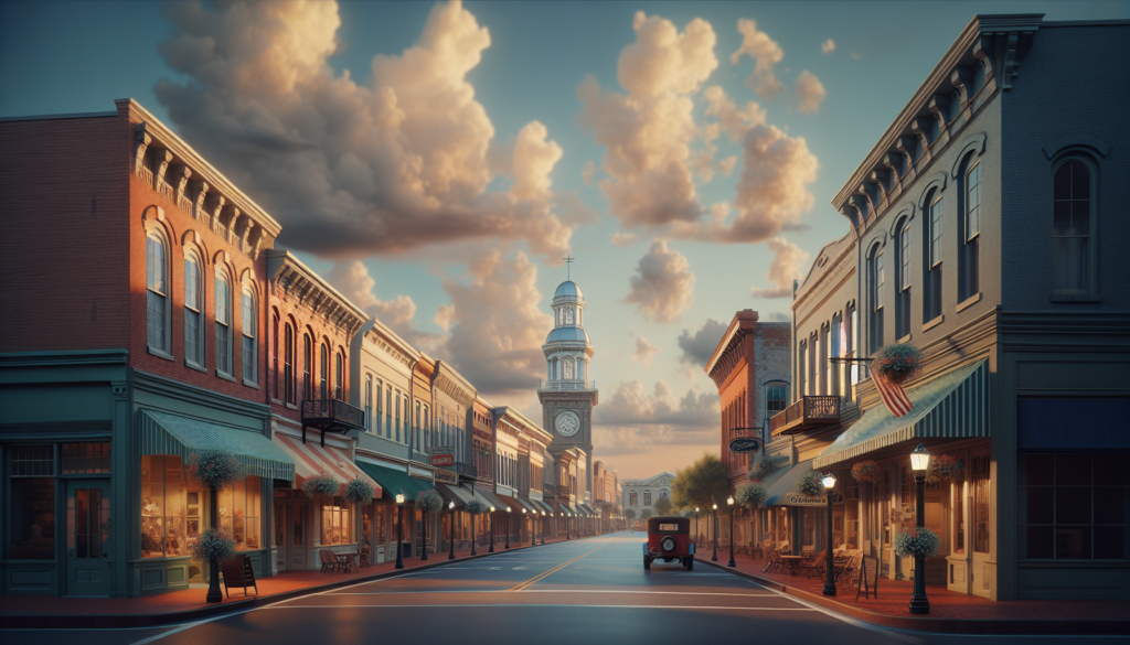 Historic downtown Summerville features charming storefronts, a clock tower, and a vintage car on a quiet street.