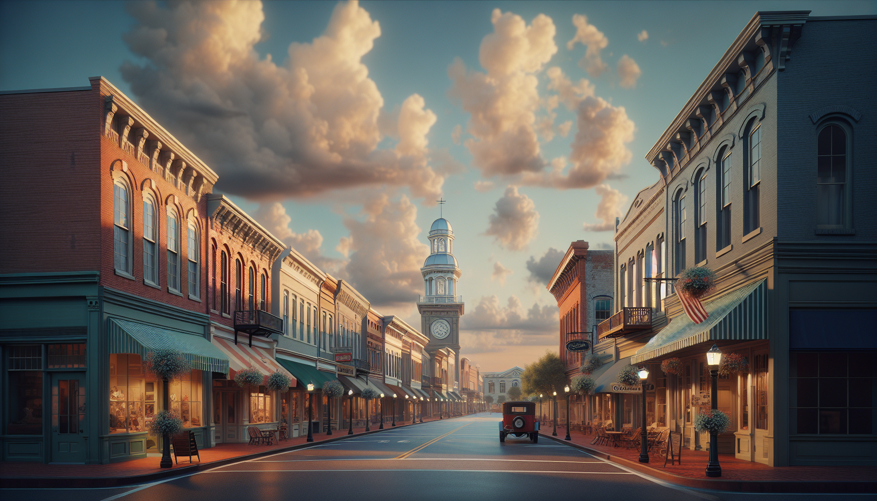 Historic downtown Summerville features charming storefronts, a clock tower, and a vintage car on a quiet street.