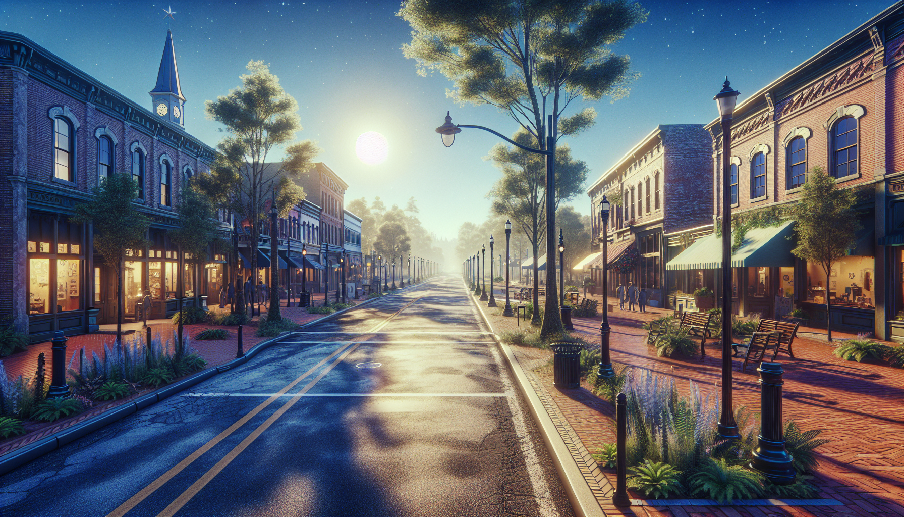Sunlit street in Summerville, SC, lined with shops, trees, and people walking along the brick sidewalk.