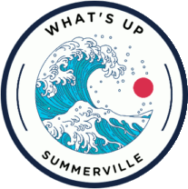 Circular logo featuring a stylized wave, sun, and text "What's Up Summerville.