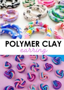 Colorful polymer clay earrings displayed in various shapes and patterns on a light background.