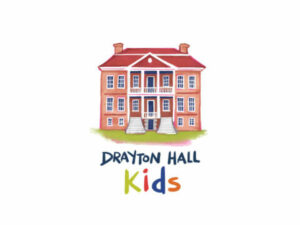 Illustration of a red-brick building with steps, labeled "Drayton Hall Kids" below.