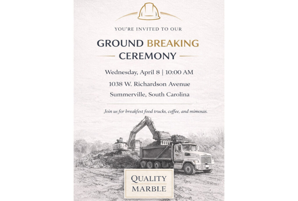 Invitation to a ground breaking ceremony with event details and a construction scene.