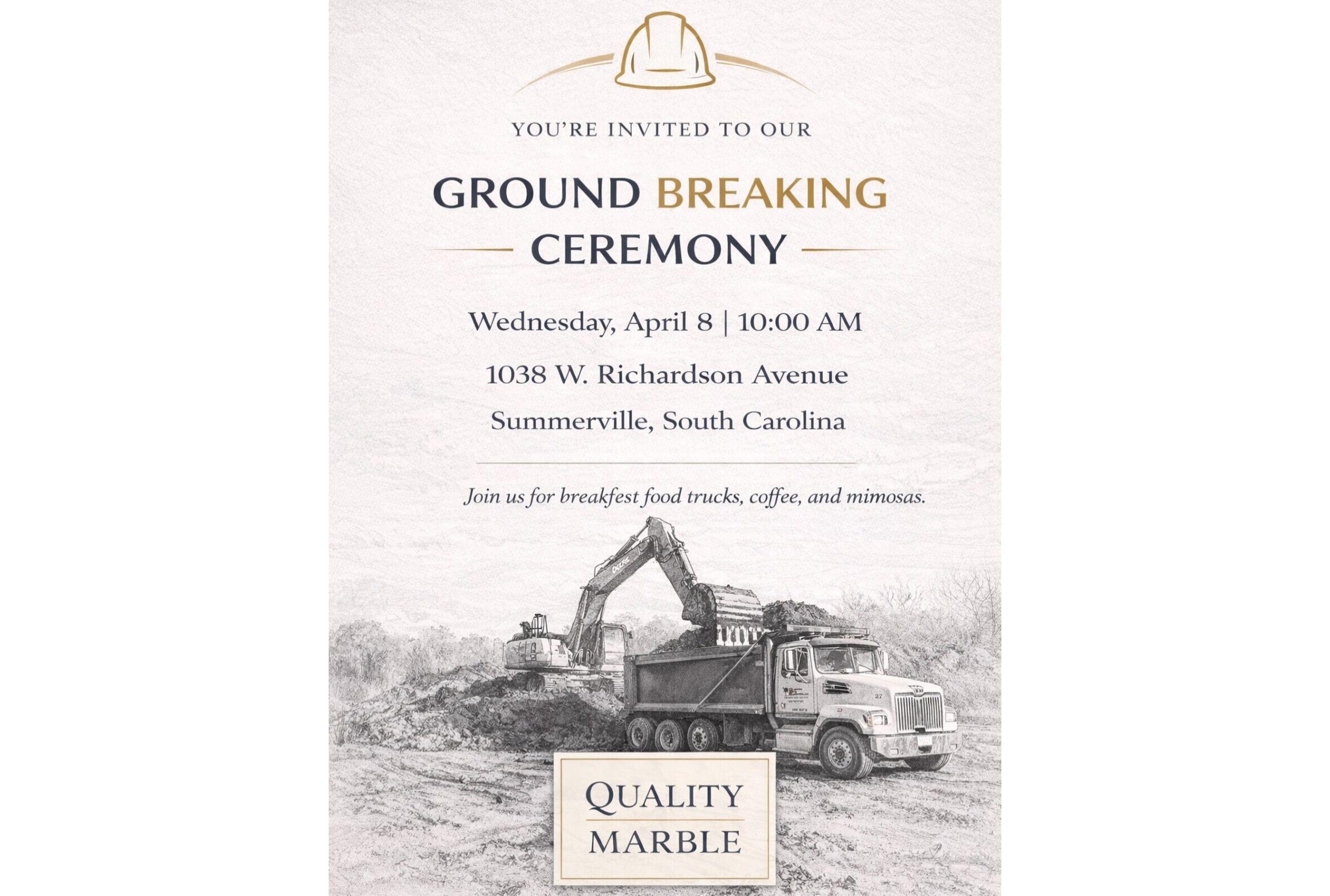 Invitation to a ground breaking ceremony with event details and a construction scene.