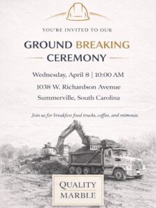 Invitation to a ground breaking ceremony with construction equipment and details about the event.