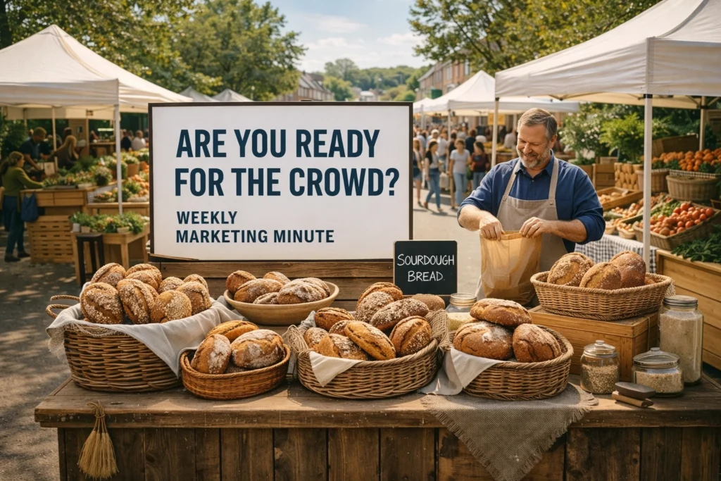A vendor prepares sourdough bread at a bustling market with various produce stalls in the background.