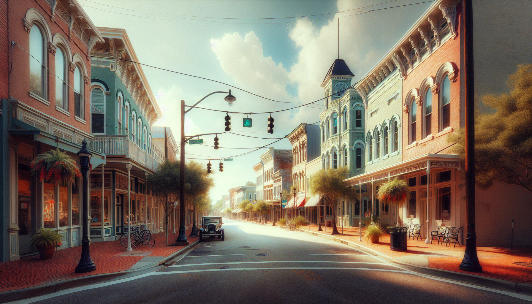 Historic downtown Summerville features colorful buildings, a vintage car, and a clear sky. Traffic lights are visible.