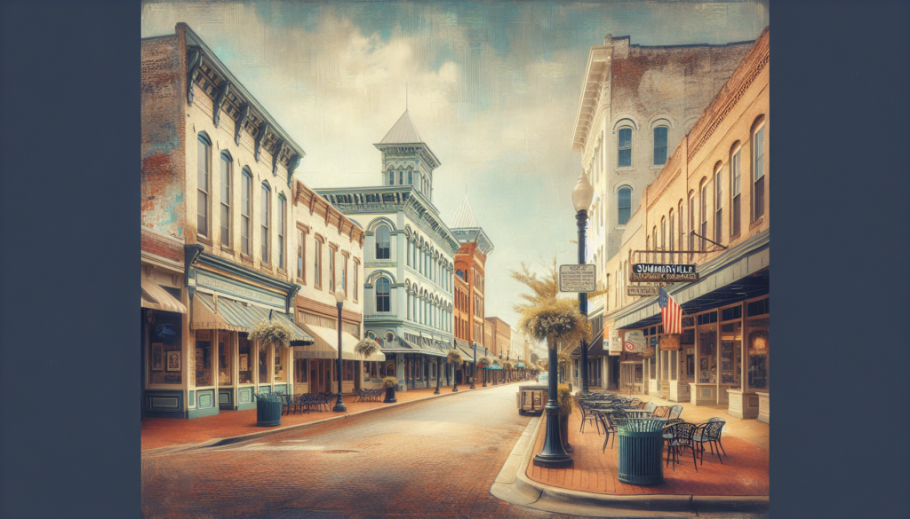 Historic downtown Summerville features brick streets, storefronts, and outdoor seating under a cloudy sky.