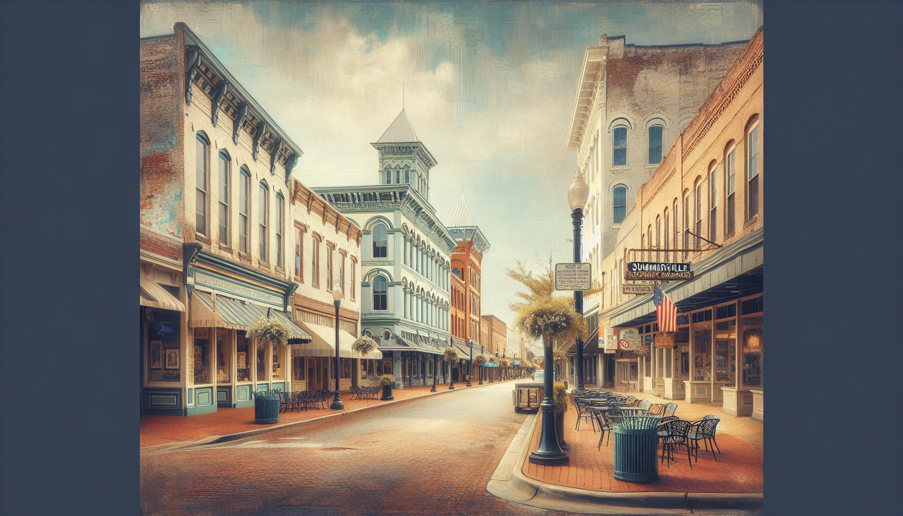 Historic downtown Summerville features brick streets, storefronts, and outdoor seating under a cloudy sky.