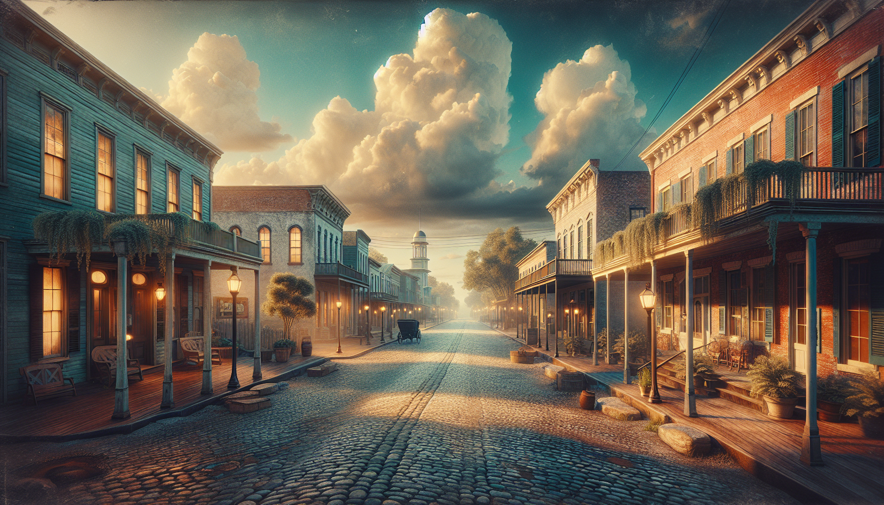 Historic street in Summerville, SC, lined with buildings, trees, and a horse-drawn carriage under a cloudy sky.