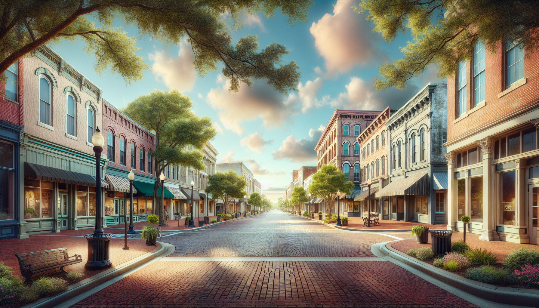 A quiet street in Summerville, SC, lined with trees, shops, and benches under a clear sky.