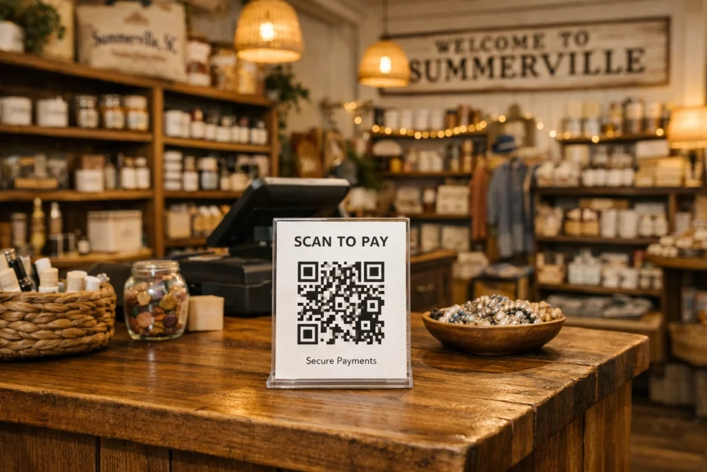 Checkout counter with a QR code sign for secure payments, surrounded by various products and shelves.