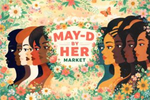 Seven diverse women’s profiles with floral background, featuring the text "MAY-D BY HER MARKET.