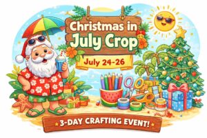 A cheerful Santa in a Hawaiian shirt holds a drink, surrounded by crafting supplies and a decorated Christmas tree.