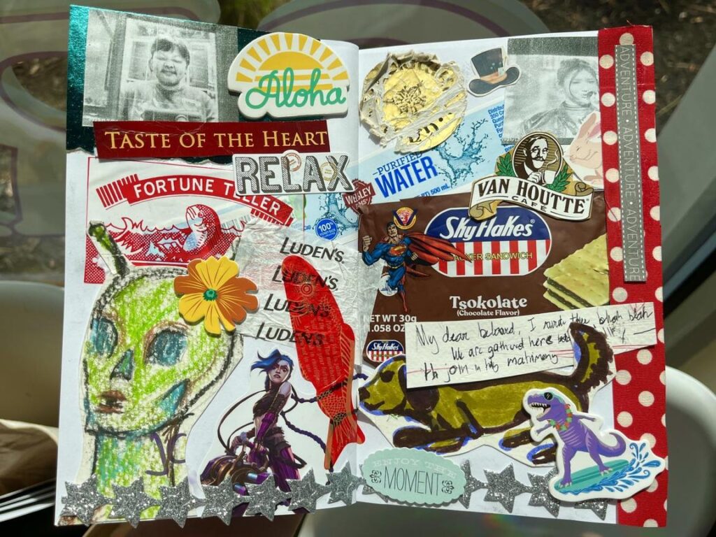 A collage of colorful stickers, drawings, and notes, featuring various food items and playful characters.