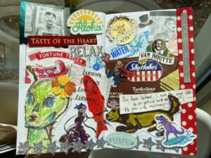 A collage of colorful stickers, drawings, and notes, featuring various food items and playful characters.