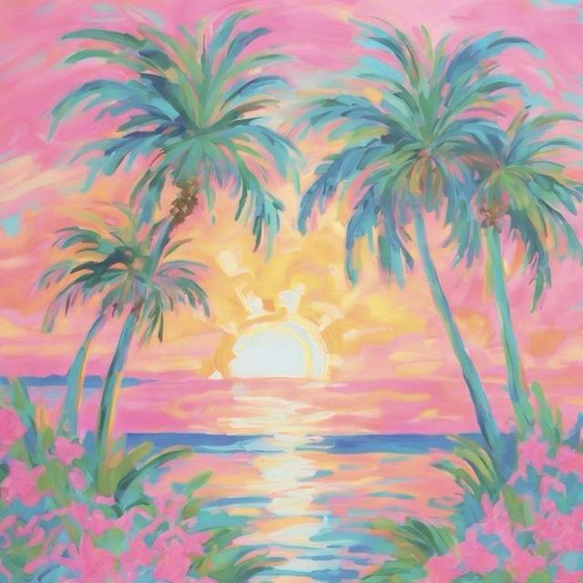 Colorful sunset over the ocean, framed by palm trees and pink flowers.