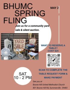 Community yard sale and silent auction announcement with details on date, time, and table reservation.