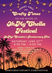 Event invitation for "Oh My Chella Festival" featuring palm trees and a ferris wheel, with details on date and location.
