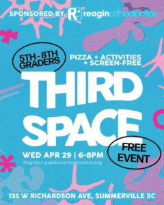 Event flyer for a free, screen-free gathering for 5th-8th graders featuring pizza and activities.