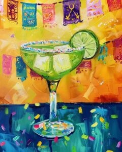 A vibrant margarita glass garnished with lime, surrounded by colorful confetti and festive banners.