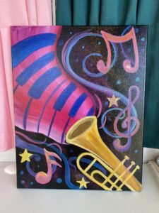 Colorful painting featuring a trumpet, musical notes, and piano keys against a dark background.
