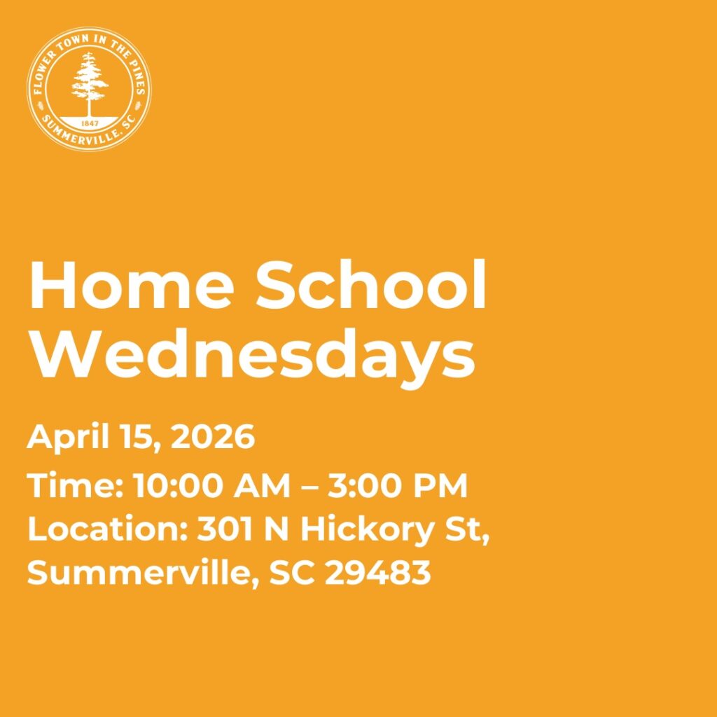 Event details for Home School Wednesdays on April 15, 2026, from 10 AM to 3 PM at 301 N Hickory St, Summerville, SC.