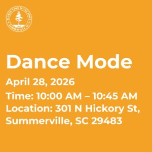 Event details for "Dance Mode" on April 28, 2026, from 10:00 AM to 10:45 AM at 301 N Hickory St, Summerville, SC.