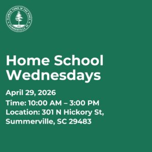 Event details for Home School Wednesdays on April 29, 2026, from 10 AM to 3 PM at 301 N Hickory St, Summerville, SC.