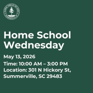 Event details for Home School Wednesday on May 13, 2026, from 10 AM to 3 PM in Summerville, SC.