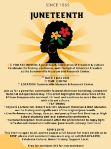 Juneteenth celebration poster featuring event details, a silhouette with flowers, and vibrant cultural themes.