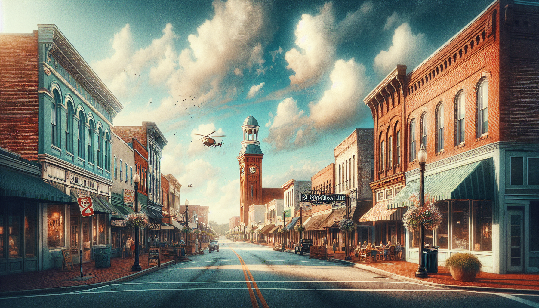 Sunny street in Summerville, SC, featuring shops, a clock tower, and a helicopter overhead.