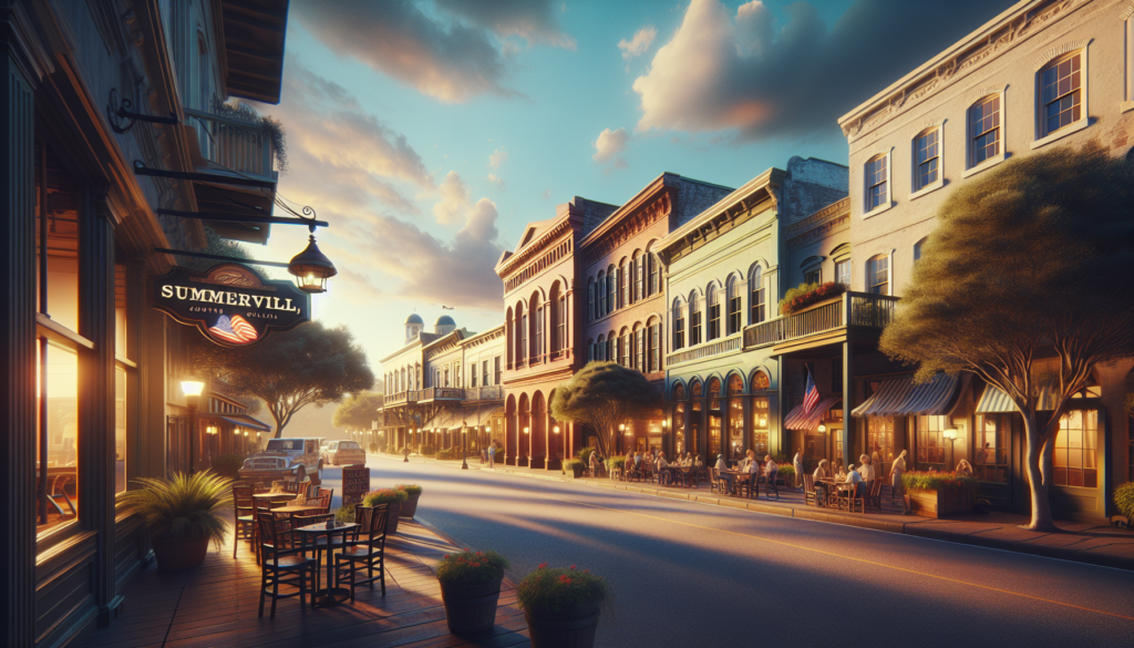 Historic buildings line a sunny street in Summerville, with outdoor dining and people enjoying the weather.