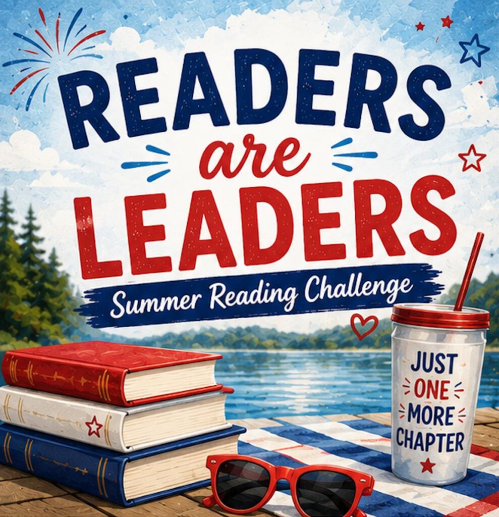 Text promotes a summer reading challenge with stacked books, sunglasses, and a drink by a lake.