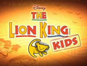 Title card for "The Lion King Kids" featuring a cartoon lion and a vibrant sunset background.