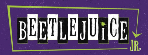 Text logo for "Beetlejuice Jr." on a purple background with green accents.