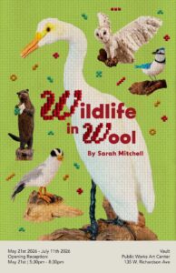 Colorful artwork features various animals, including a bird, owl, bear, and duck, with text about an art exhibit.
