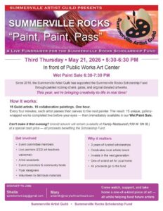Event flyer for "Summerville Rocks" fundraiser featuring collaborative painting by 15 artists, details on participation and sales.