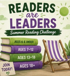 Colorful books stacked by age group promote a summer reading challenge. A deck chair sits nearby.