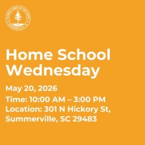 Event details for Home School Wednesday on May 20, 2026, from 10 AM to 3 PM in Summerville, SC.
