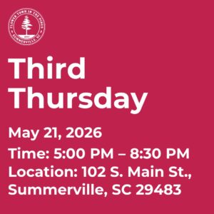 Event announcement for Third Thursday on May 21, 2026, from 5:00 PM to 8:30 PM in Summerville, SC.