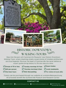 Historic sign for Summerville Water Works, vibrant flowers, and charming downtown buildings. Information about walking tours.