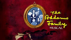 The Addams Family logo features a framed portrait of the family against a textured red background.