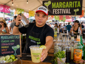 Bartender shakes a cocktail shaker, serving a margarita at a lively festival with colorful decorations.