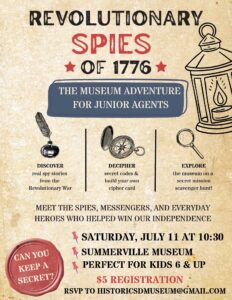 Event poster for a museum adventure about Revolutionary War spies, featuring activities for kids.