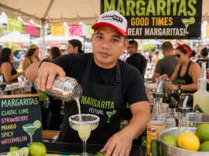 A bartender pours a margarita at a festival, surrounded by colorful decorations and other staff.