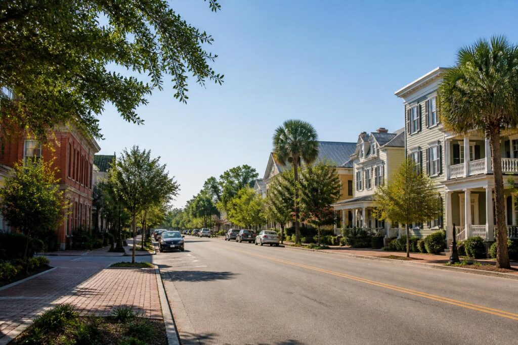 Tree-lined street in Summerville, SC, featuring historic homes and parked cars under clear blue skies.