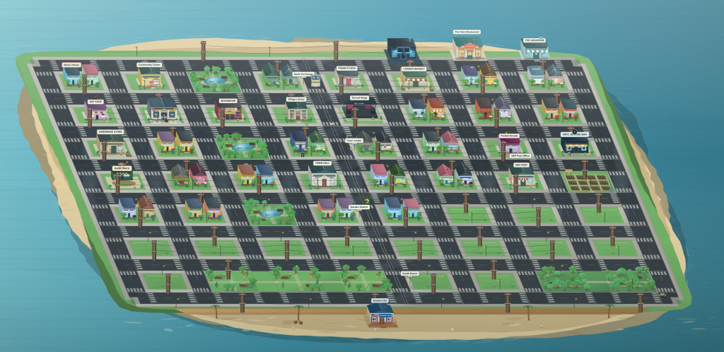 Map of Azalea Island featuring streets, buildings, parks, and a beach area.